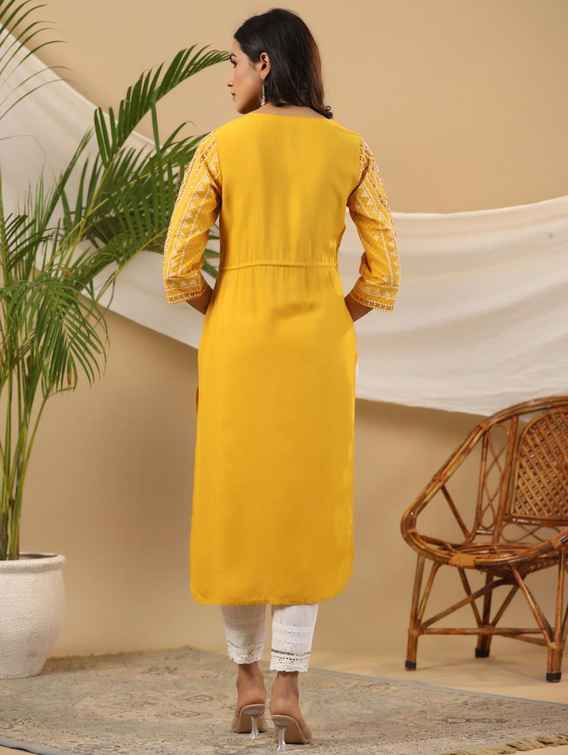 mustard rayon straight kurta - 21337722 - Standard Image - 3