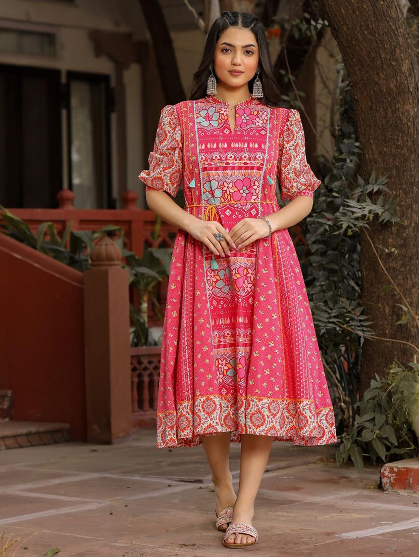 women pink mandarin neck fit & flare dress