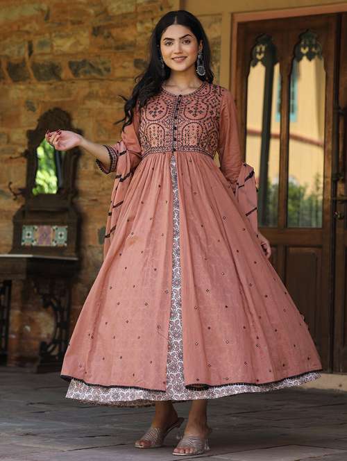 women peach round neck flared dress - 21337765 - Standard Image - 0