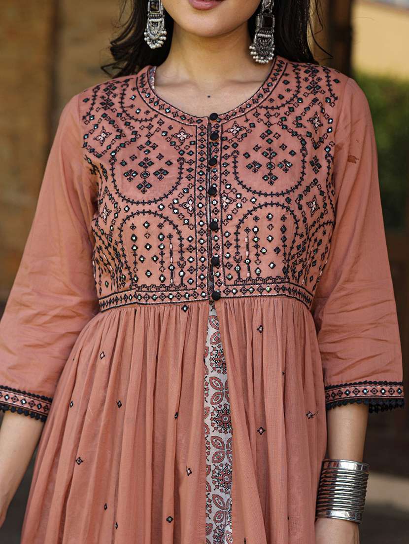 women peach round neck flared dress - 21337765 - Standard Image - 3
