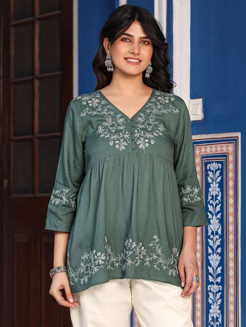 women green rayon flared tunic - 21337773 -  Standard Image - 0