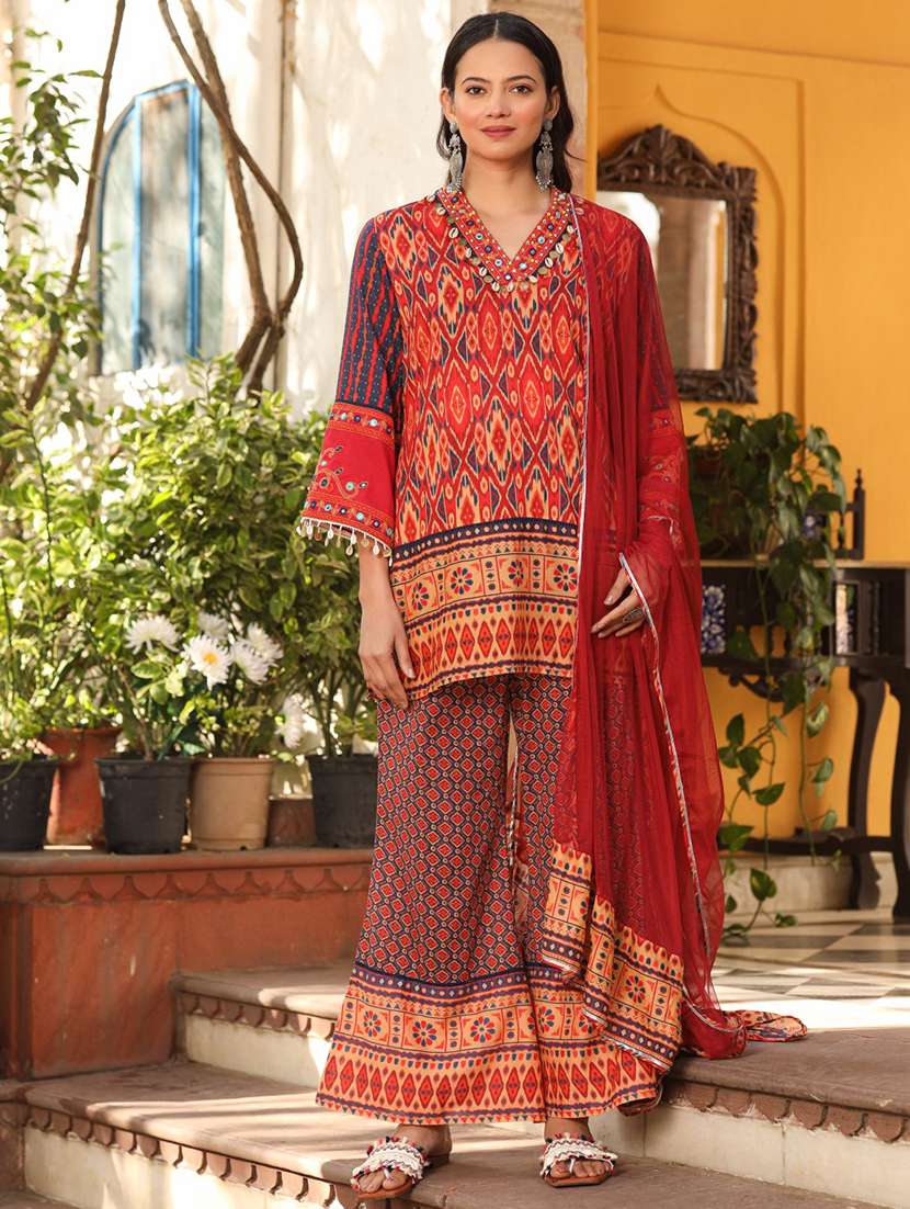 women ikat printed kurta palazzo with dupatta set