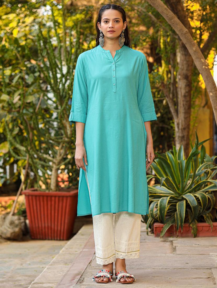 women roll up sleeve straight kurta