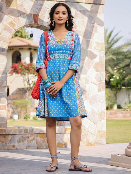 blue floral printed a-line ethnic dress - 21337814 - Standard Image - 0
