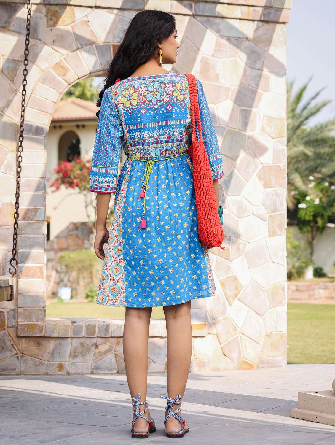 blue floral printed a-line ethnic dress - 21337814 - Standard Image - 3