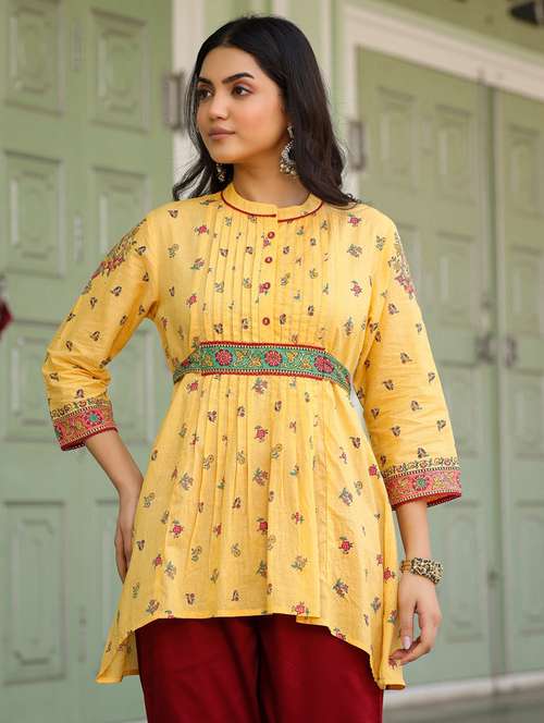 women yellow cotton peplum tunic