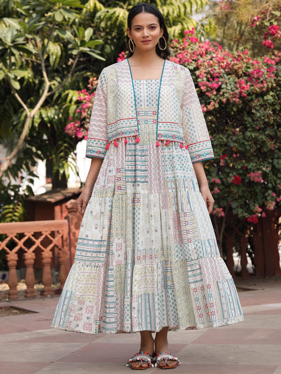 off white printed ethnic dress with jacket - 21337955 - Zoom Image - 0