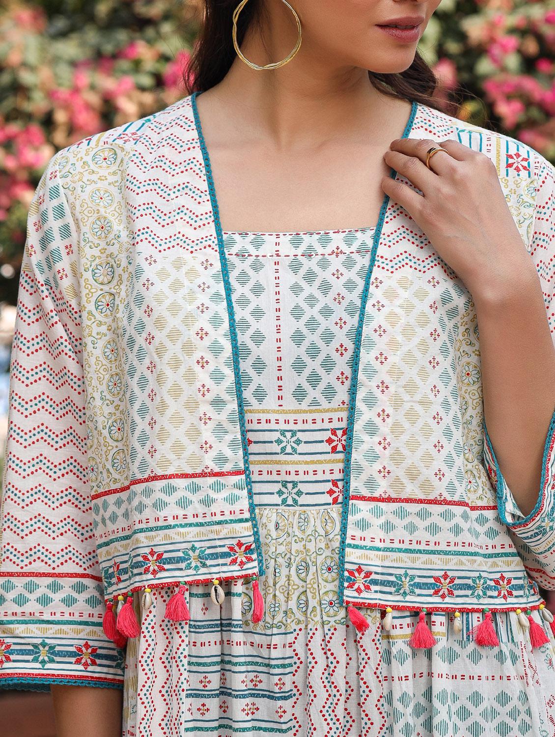 off white printed ethnic dress with jacket - 21337955 - Standard Image - 5