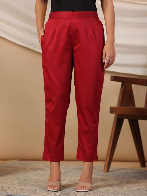 women maroon solid cigarette pants trouser - 21337979 -  Standard Image - 0