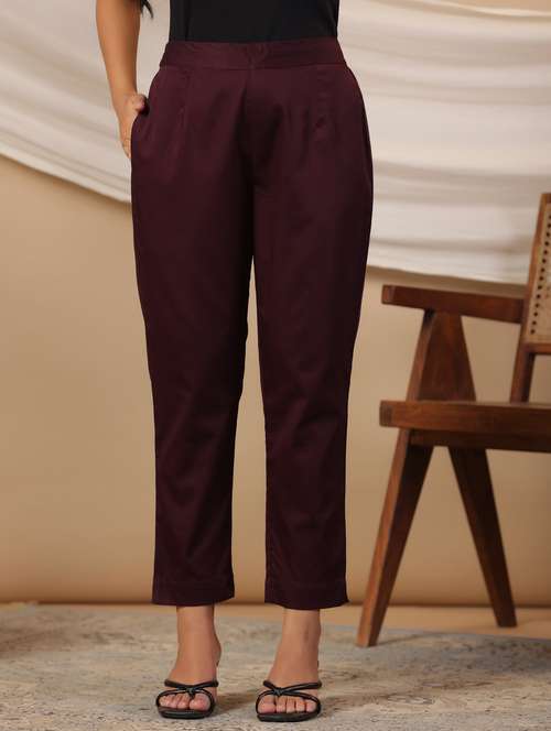 women maroon solid cigarette pants trouser - 21337980 -  Standard Image - 0