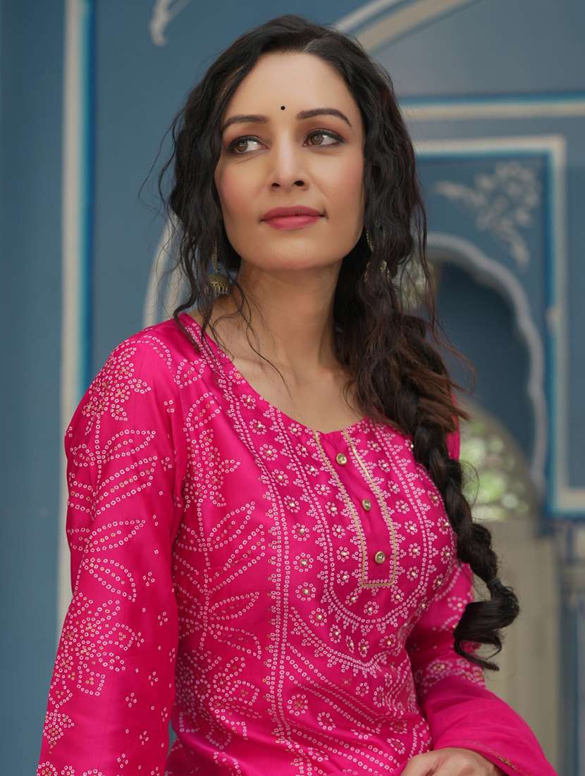 fuchsia bandhani kurta palazzo suit set - 21338537 -  Standard Image - 3
