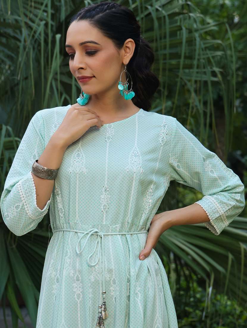 women sea green round neck fit & flare dress - 21338632 -  Standard Image - 3