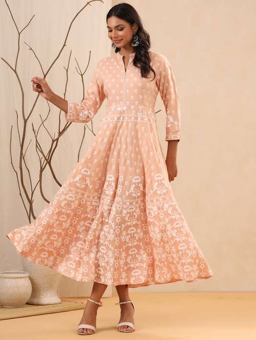 women paech mandarin neck fit& flare dress - 21338638 - Standard Image - 0