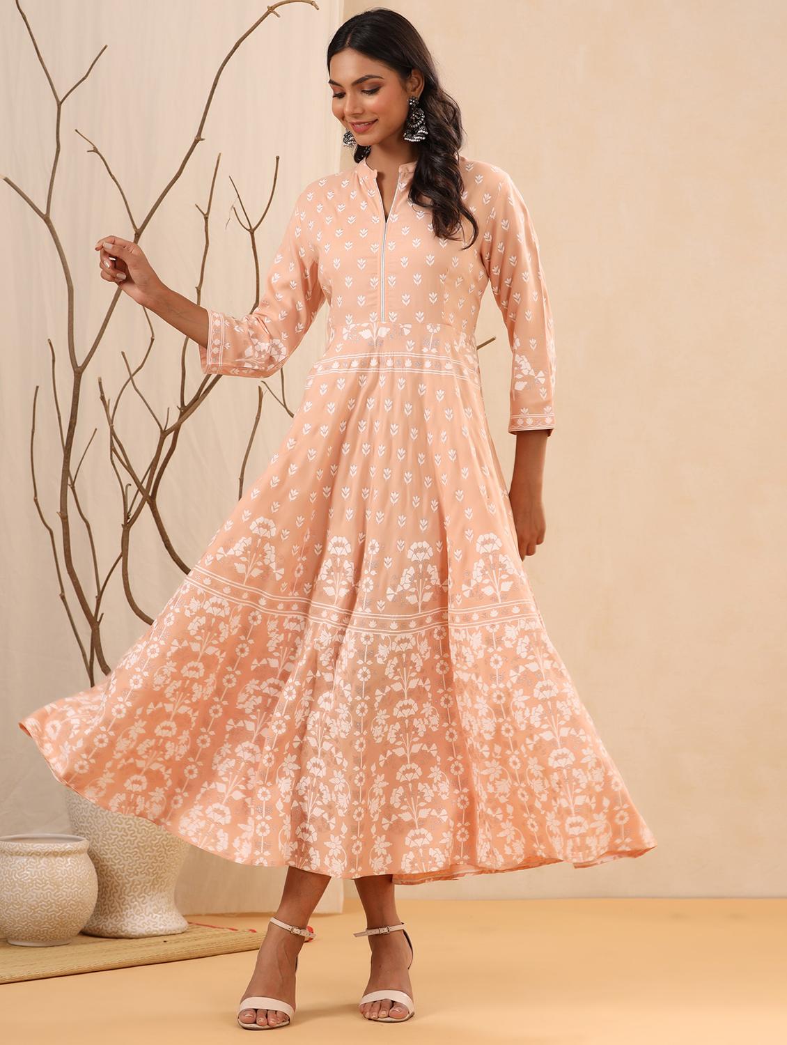 women paech mandarin neck fit& flare dress