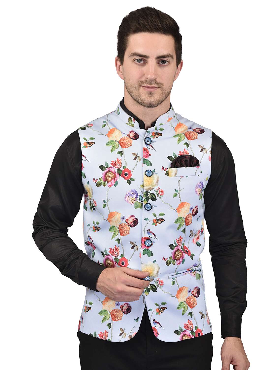 men mandarin neck printed nehru jacket