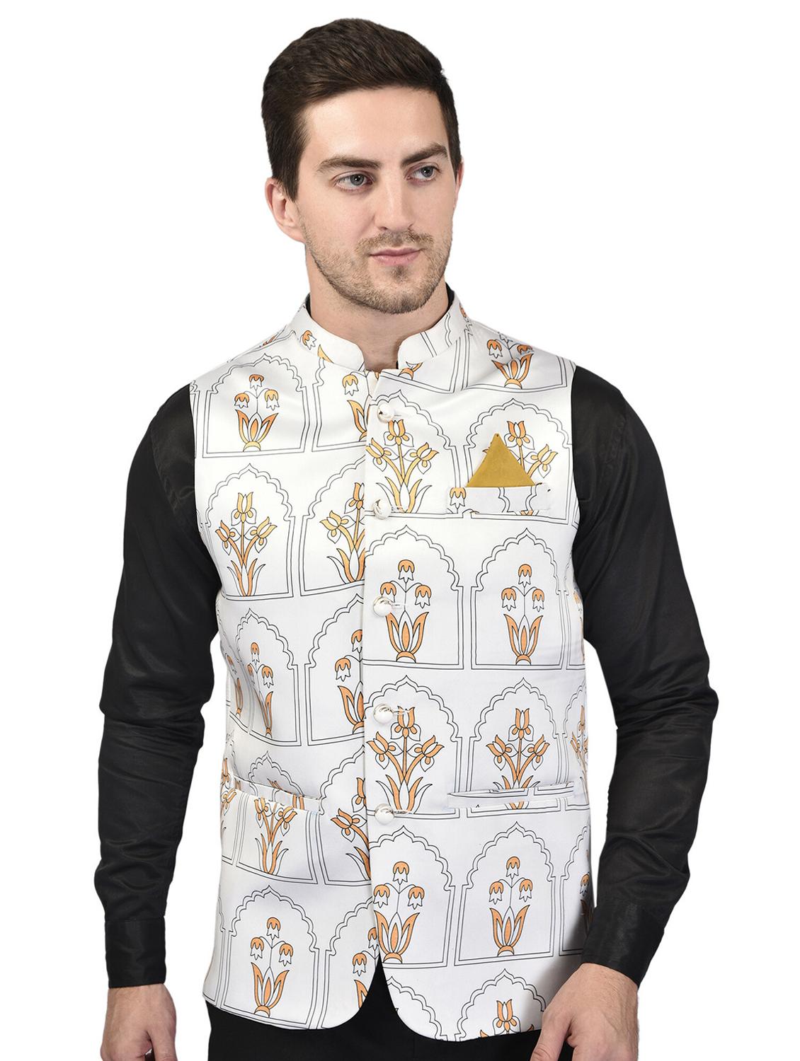 men mandarin neck printed nehru jacket - 21340572 - Zoom Image - 0