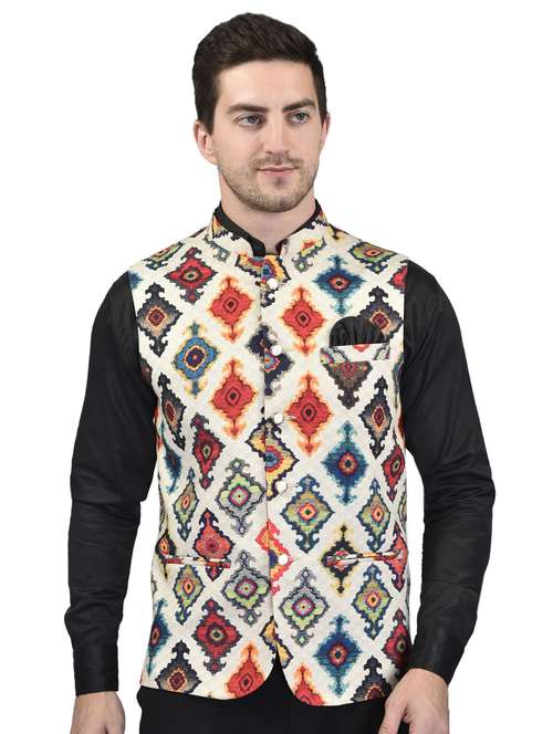 men mandarin neck printed nehru jacket - 21340586 -  Standard Image - 0