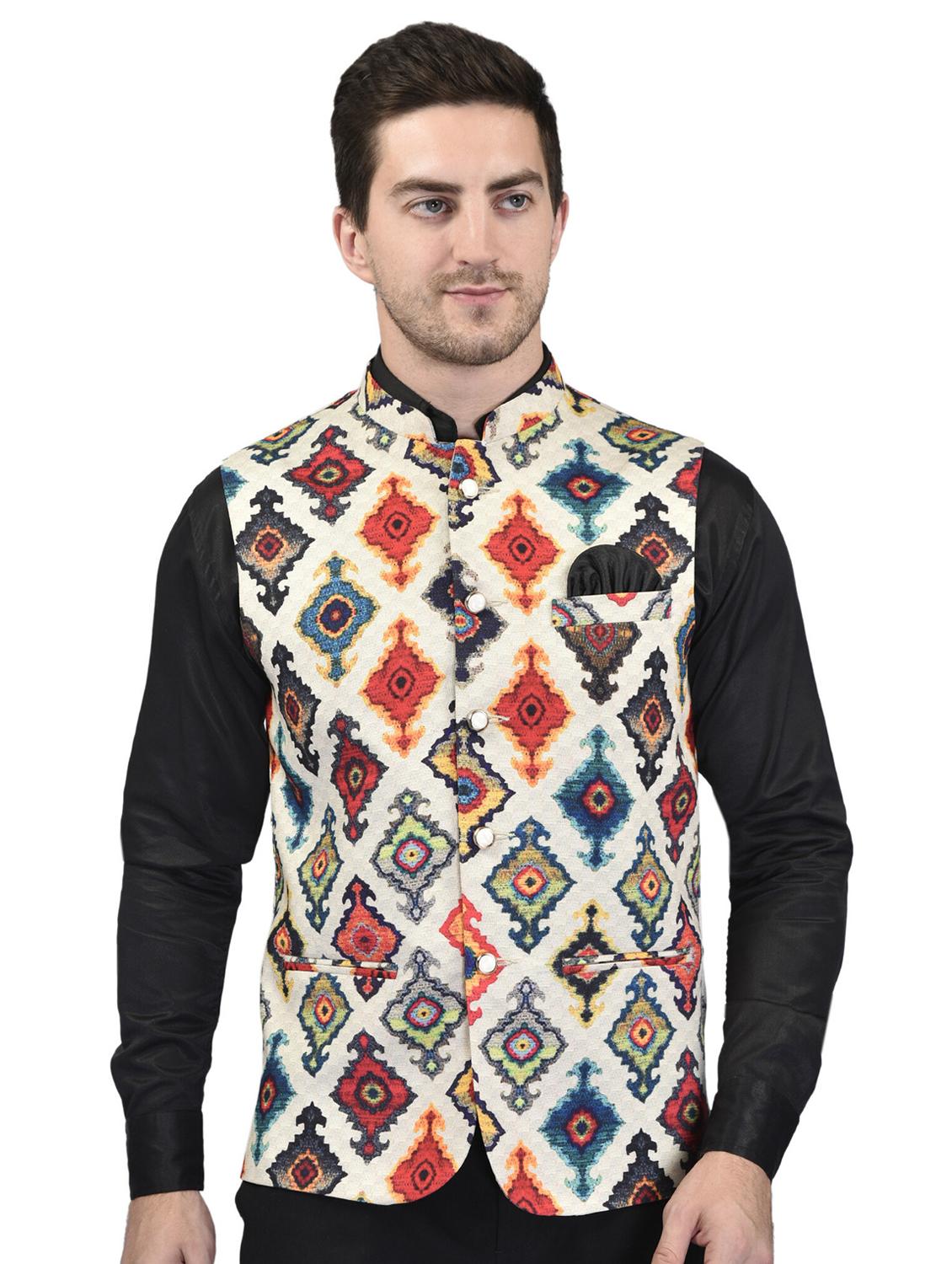 men mandarin neck printed nehru jacket