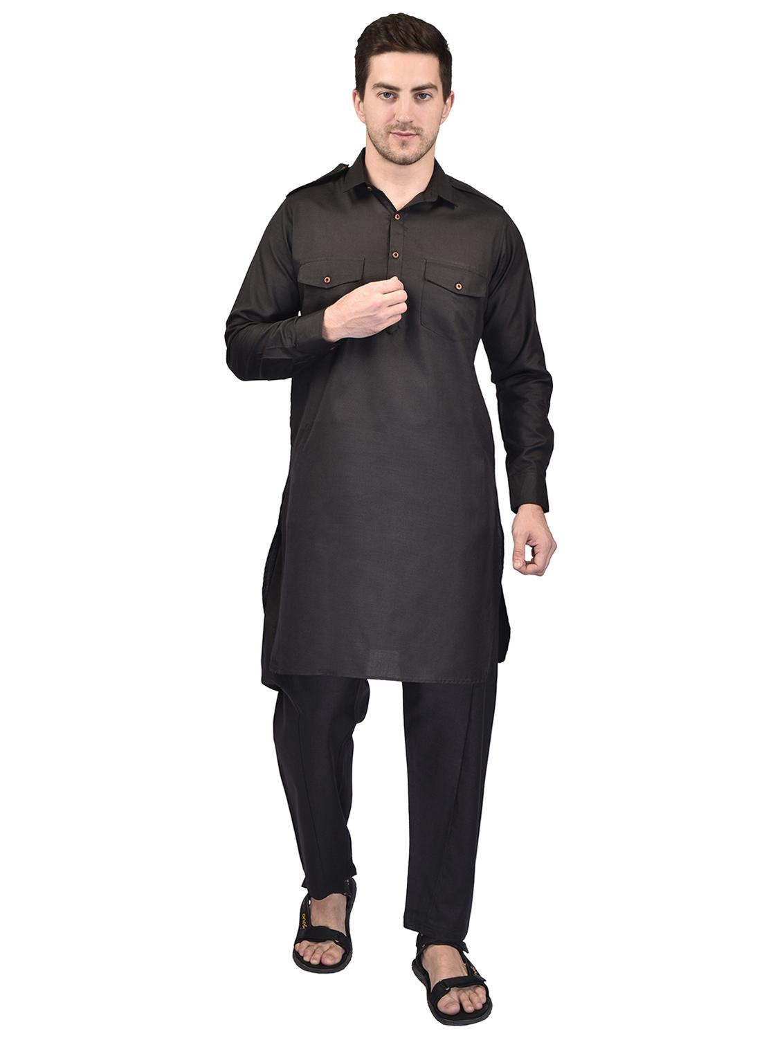 black cotton blend kurta pyjama ethnic wear set - 21340625 -  Zoom Image - 0