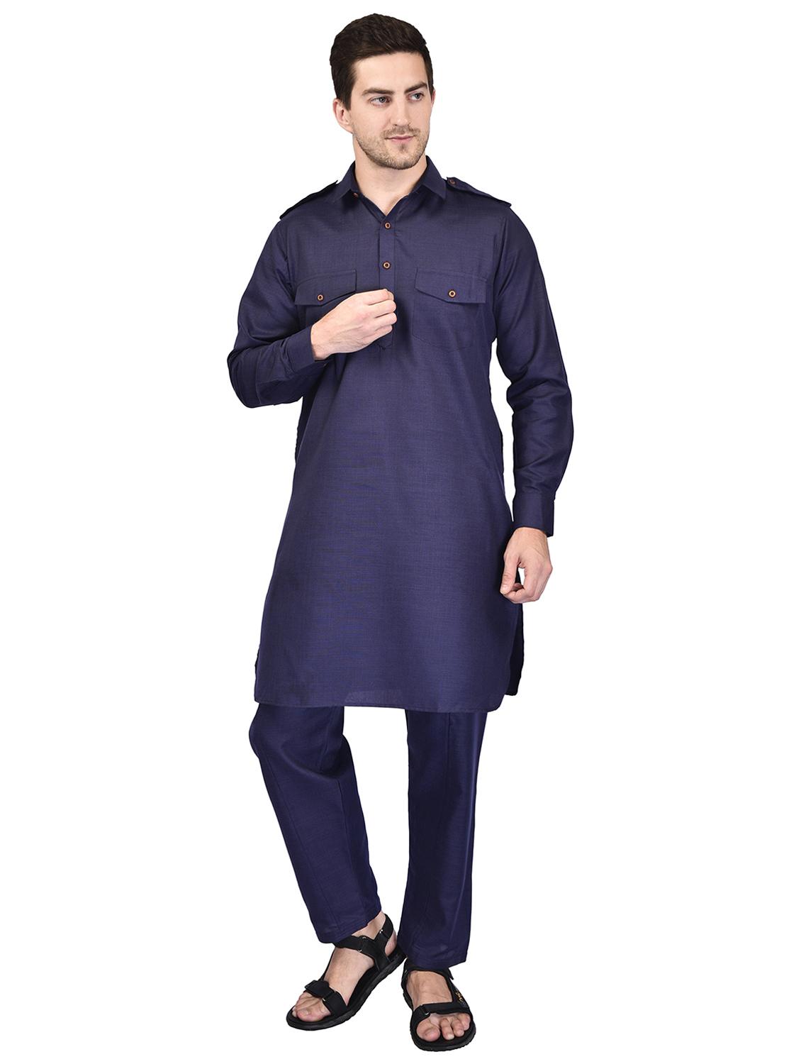 navy blue cotton blend kurta pyjama ethnic wear set - 21340626 - Zoom Image - 0