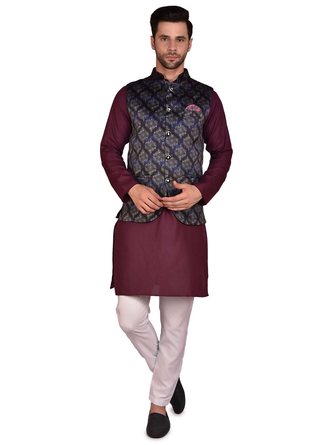 men silk blend kurta pyjama with jacket - 21340742 -  Zoom Image - 0