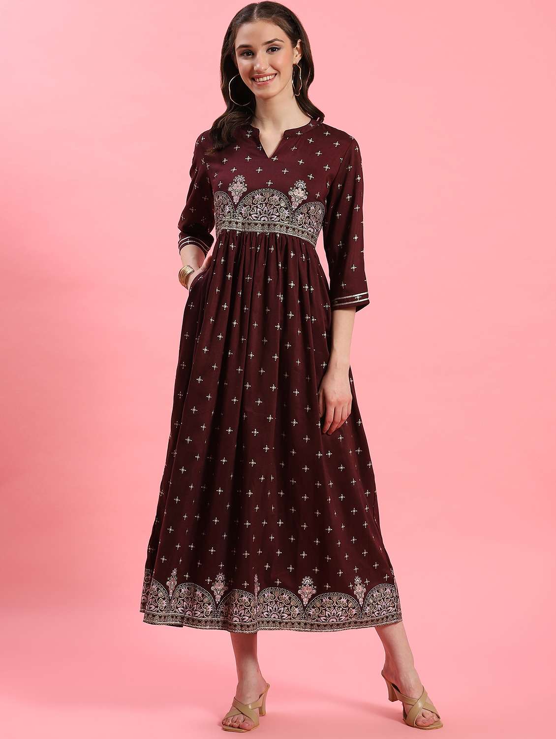 burgundy viscose fit & flare ethnic dress