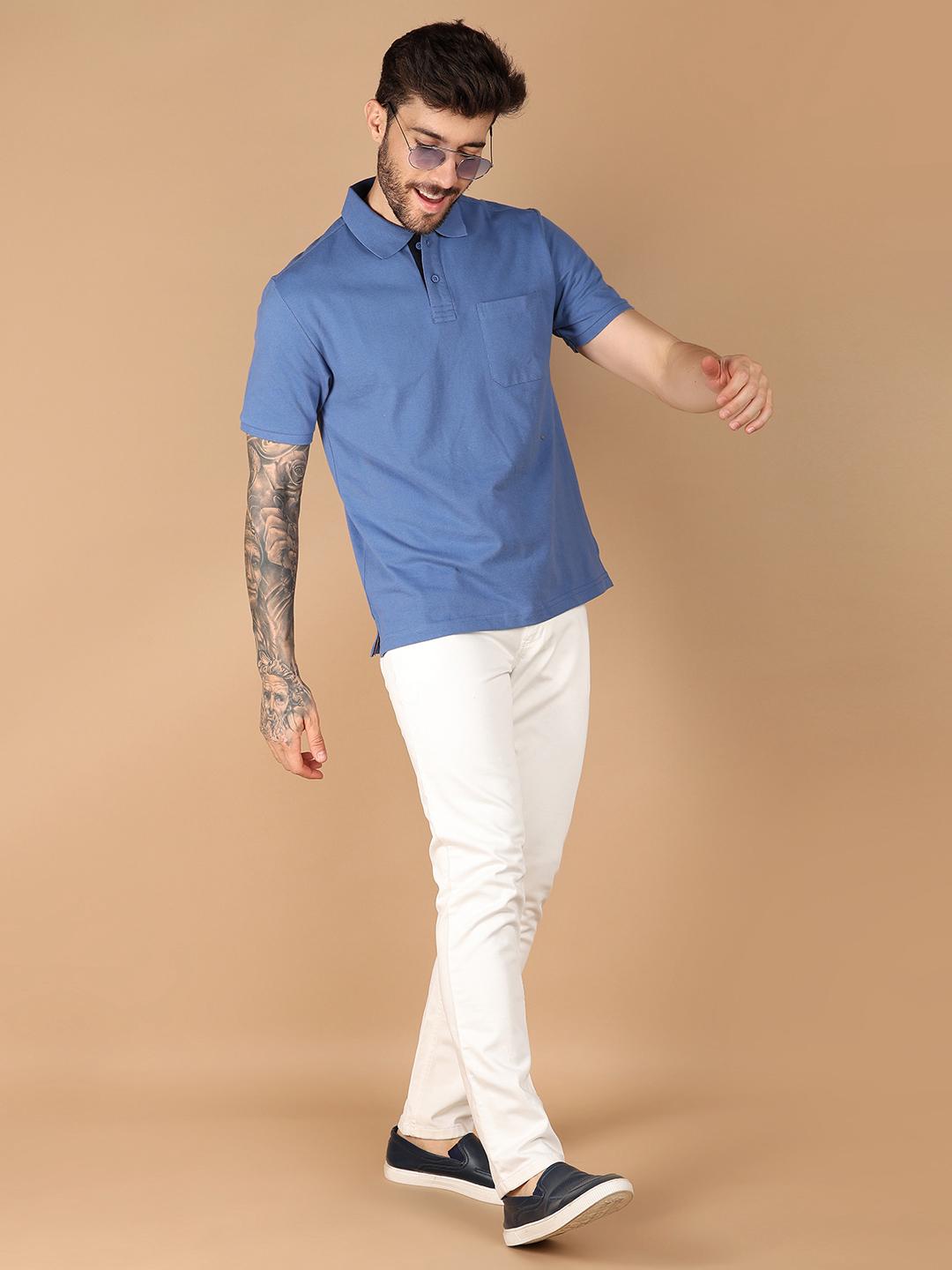men blue regular fit plain short sleeve polo t-shirt - 21341788 - Standard Image - 3