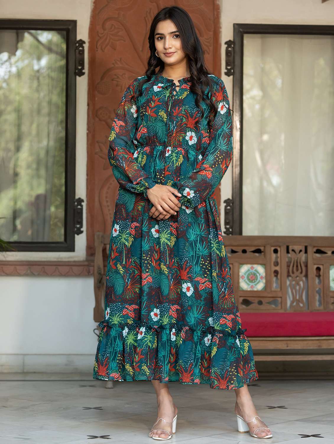 women printed tie up neck tiered dress