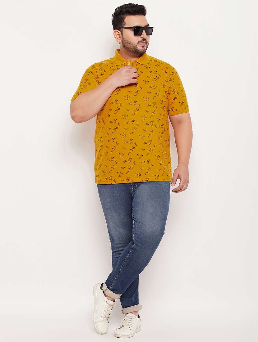 men mustard regular fit floral plus size polo t-shirt - 21343956 -  Standard Image - 3
