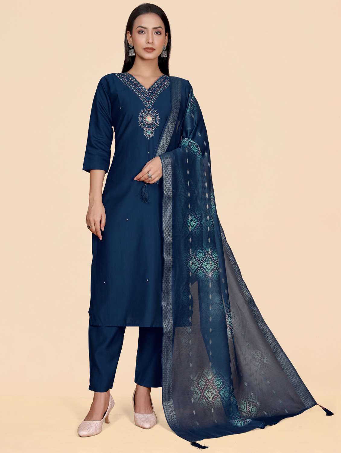 women embroidered three quarter sleeve kurta pant with dupatta set