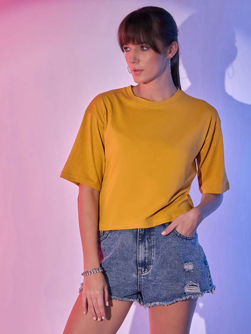 women solid short sleeves boxy t-shirt