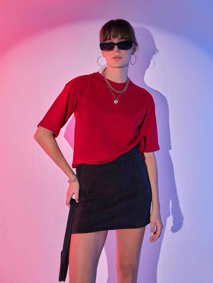 women solid short sleeves boxy t-shirt - 21344186 - Zoom Image - 0