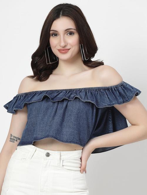 women blue cotton blend crop top - 21344258 - Standard Image - 0