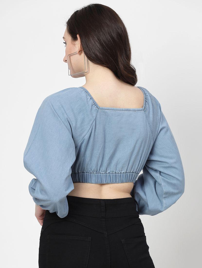 women blue cotton blend crop top - 21344259 - Standard Image - 3
