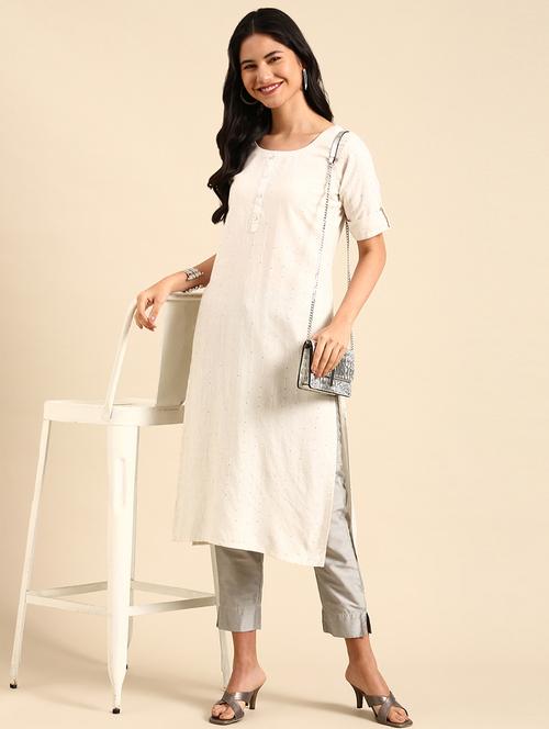 off white striped roll up sleeve straight kurta - 21344932 - Standard Image - 0