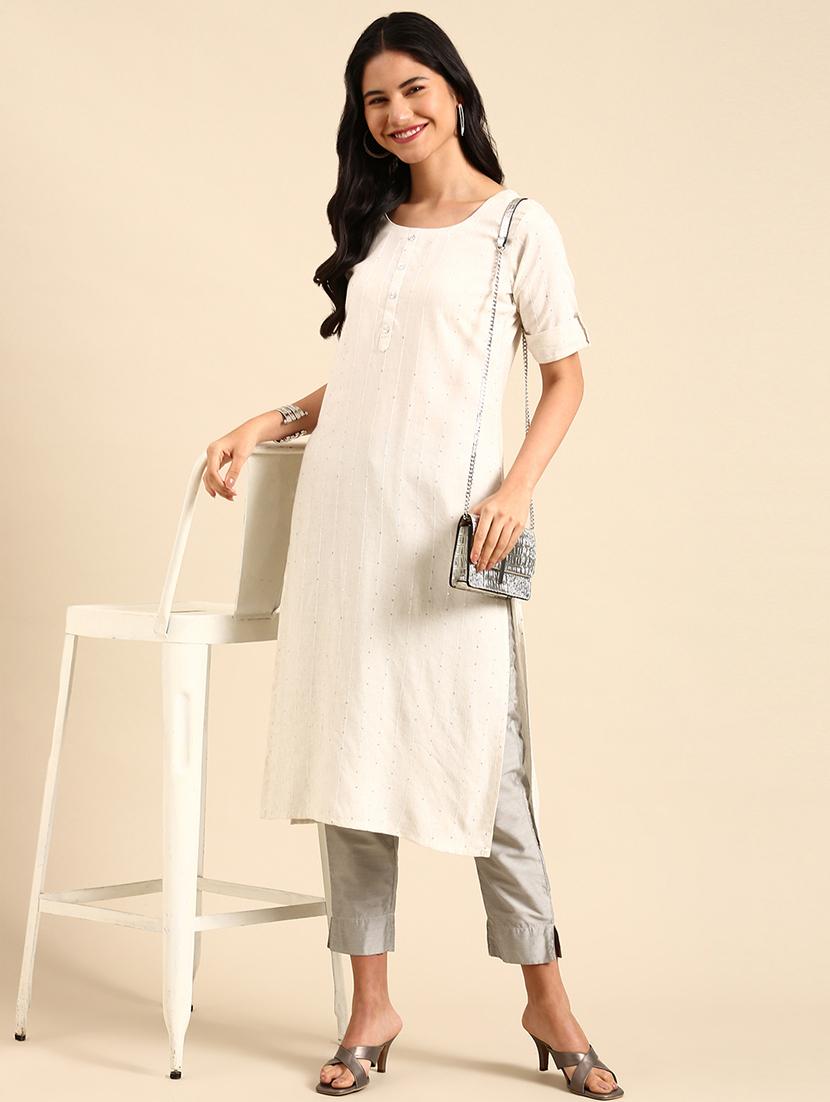 off white striped roll up sleeve straight kurta - 21344932 - Zoom Image - 0