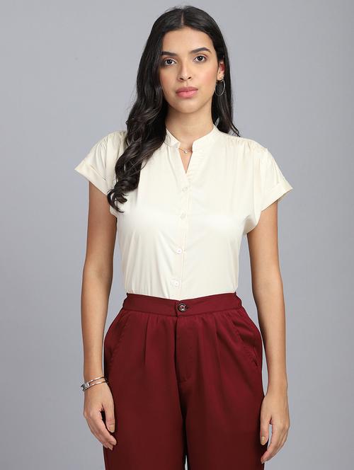 women cream cotton blend regular shirt - 21345168 - Standard Image - 0