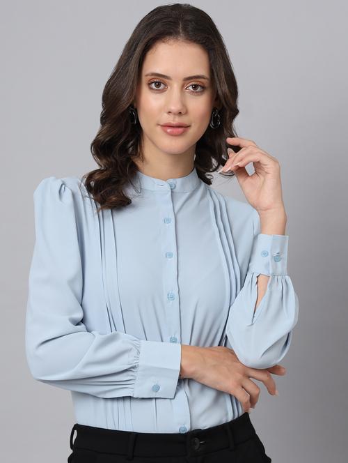 women light blue cotton blend regular shirt - 21345183 -  Standard Image - 0
