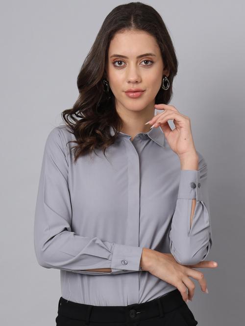 women grey cotton blend regular shirt - 21345185 - Standard Image - 0