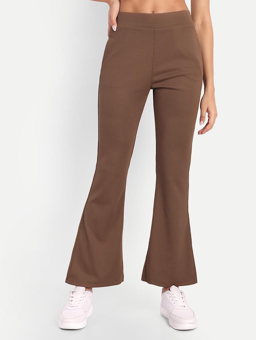 women brown cotton blend bootcut trouser