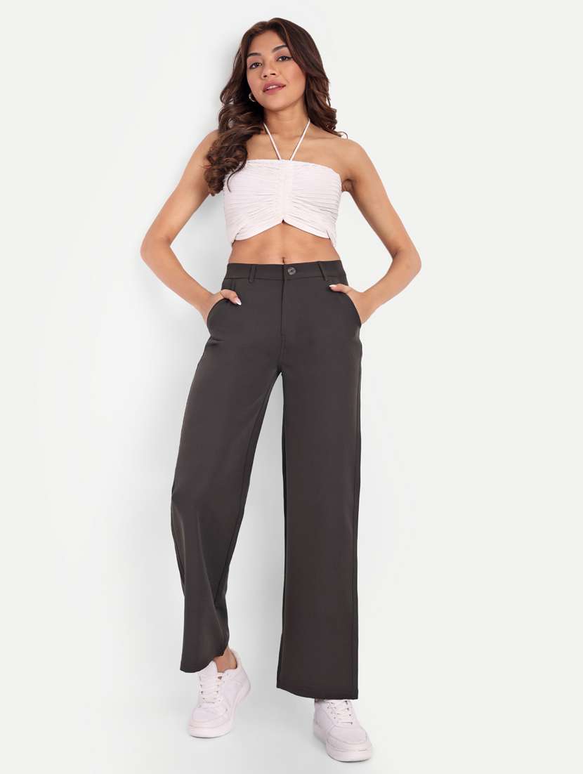 women solid mid rise wide leg trouser - 21347571 -  Standard Image - 3