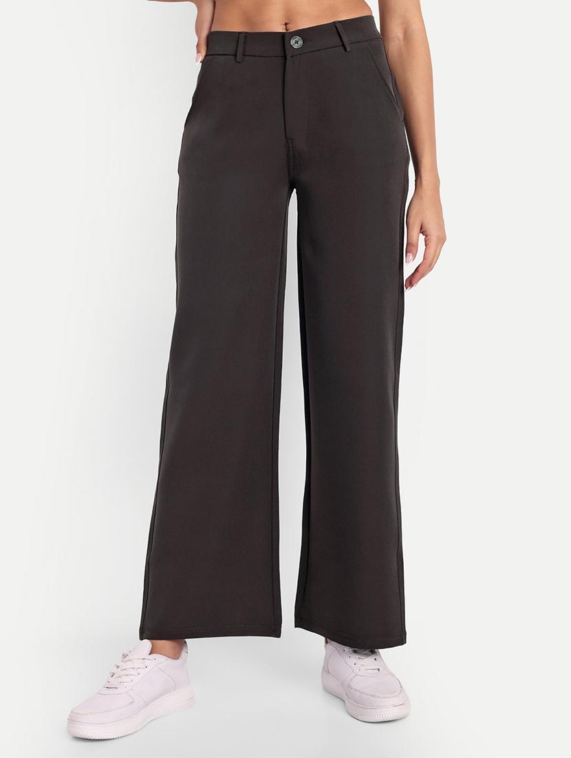 women mid rise solid wide leg trouser
