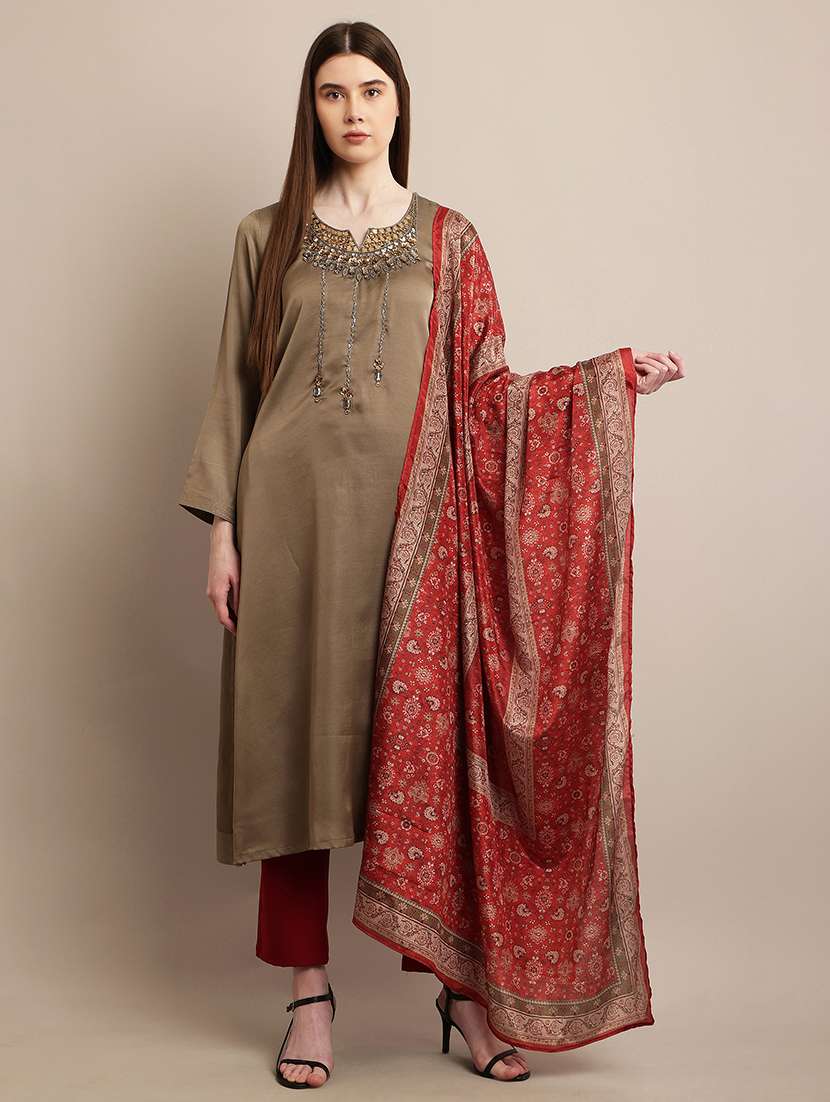 women embroidered long sleeve kurta pant with dupatta set