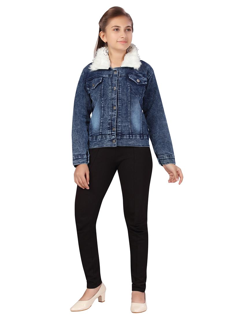 girls blue denim jacket with fur detailing - 21348830 - Zoom Image - 0
