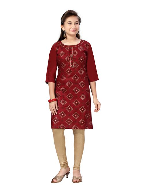 girls maroon printed cotton kurta legging set - 21348917 - Standard Image - 0