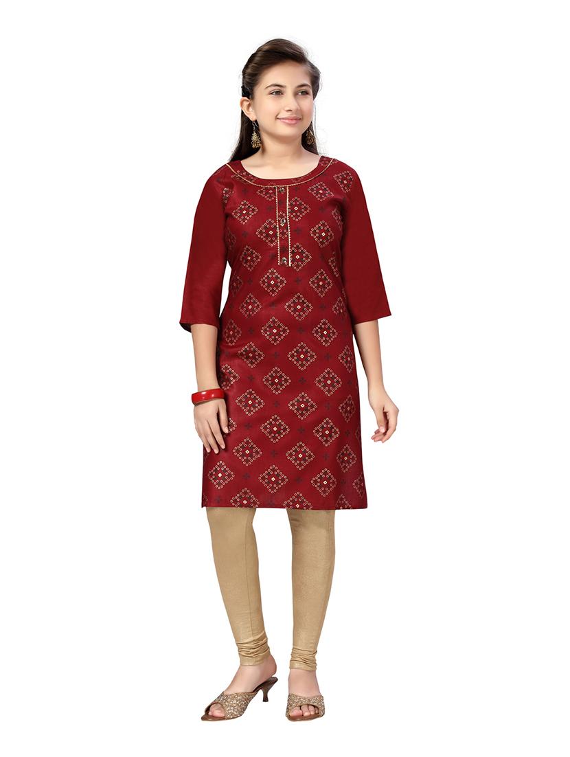 girls maroon printed cotton kurta legging set - 21348917 - Zoom Image - 0