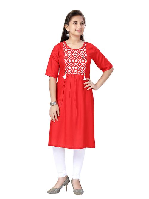 girls red embroidered cotton kurta legging set  - 21348923 -  Standard Image - 0