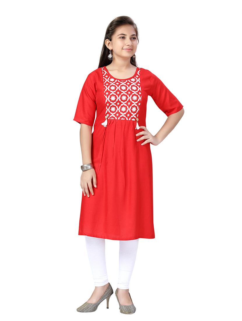 girls red embroidered cotton kurta legging set  - 21348923 -  Zoom Image - 0