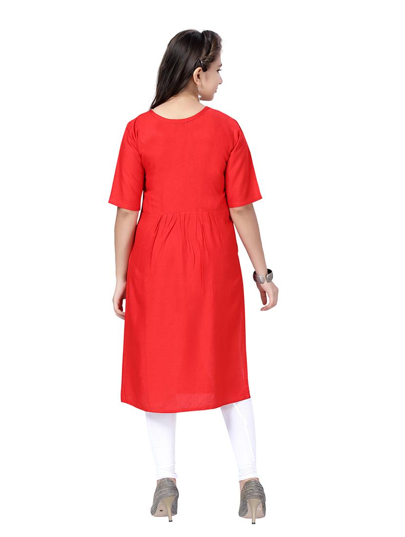 girls red embroidered cotton kurta legging set - 21348923 - Standard Image - 3