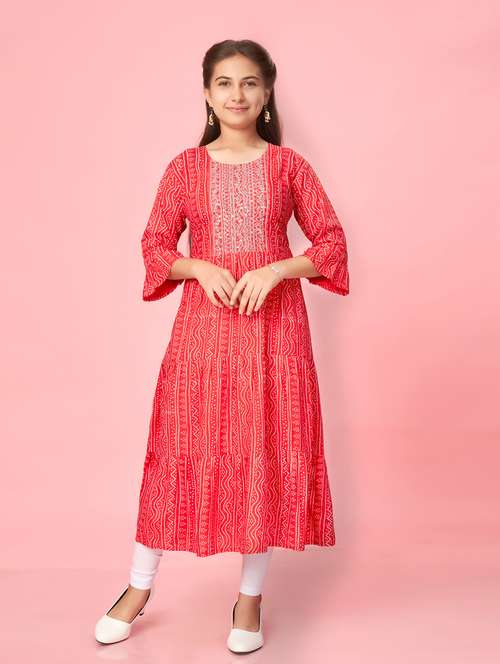 girls red printed cotton kurta legging set - 21348947 - Standard Image - 0